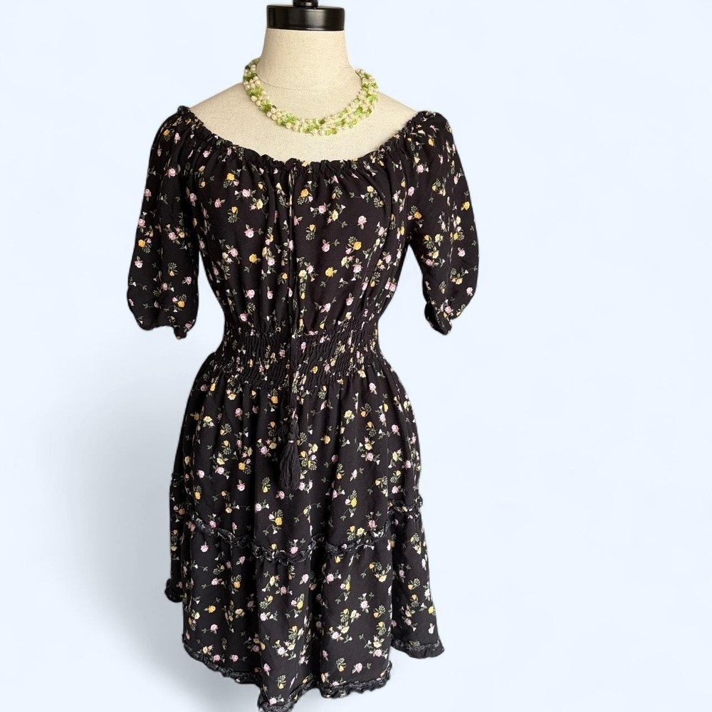 J for Justify Black Floral Smocked Off Shoulder Mini Dress Large Boho Tiered